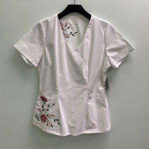 White Floral Embroidered Jaanuu Scrub Top